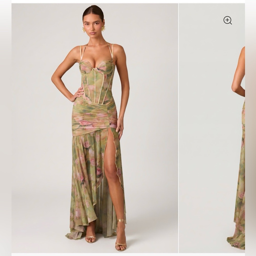 Oh Polly Olive Green Floral Mesh Bustier Maxi Dress